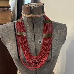 Western Style Multi-Strand Red Beaded Necklace
